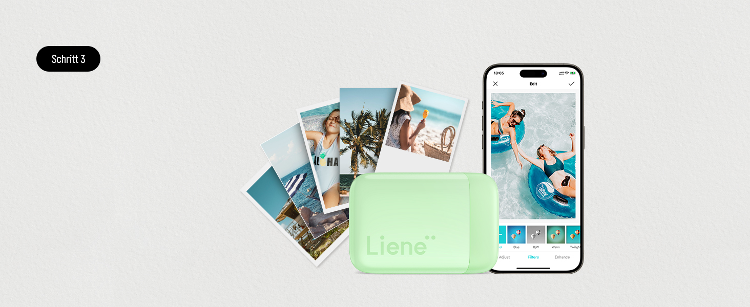 Портативний фотодрук Liene Pearl K100 Mini для смартфонів (5x7 см) - з 50 аркушами Zink фотопаперу з клейкою основою, Bluetooth, 300DPI, сумісний з iOS & Android, вбудований акумулятор, білий/зелений