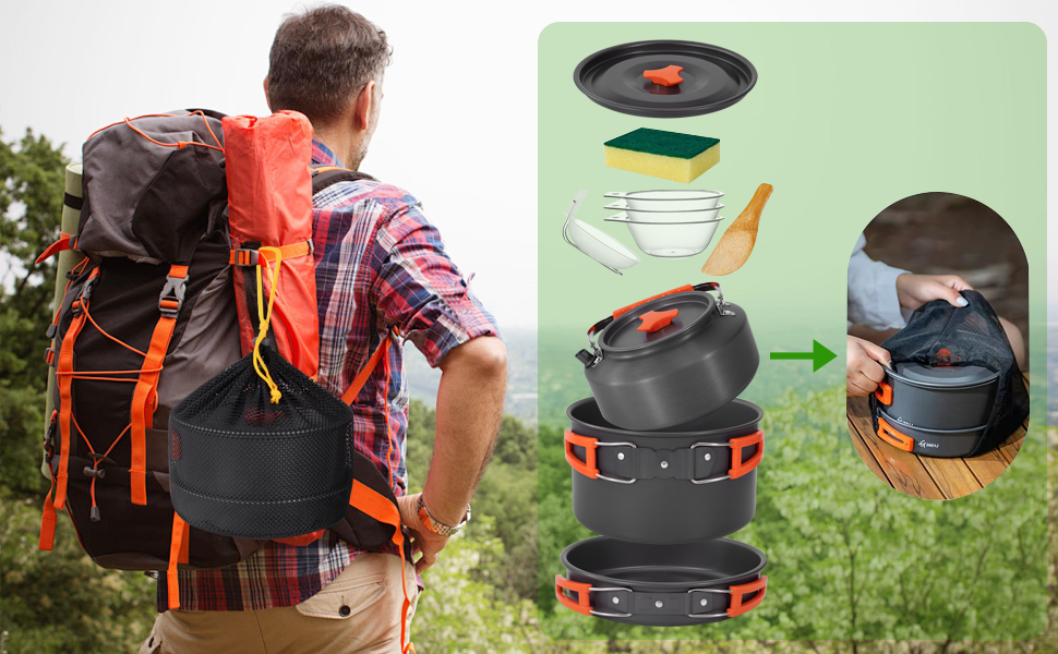 Набір кухонного посуду для кемпінгу: каструля, сковорода, чайник для пікніків, походів та риболовлі