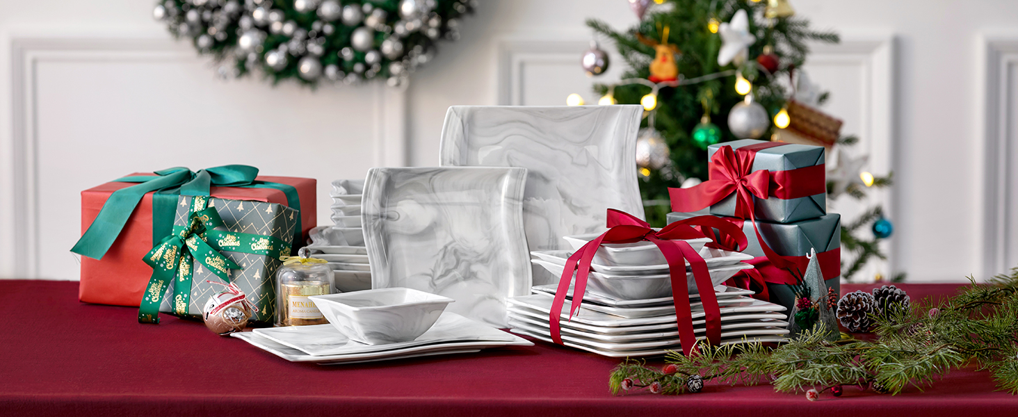 MALACASA Flora Marble Porcelain Dinnerware Set - 30 Piece Service with Coffee Cups, Saucers, Dessert Plates, Soup Plates & Dinner Plates (Gray)