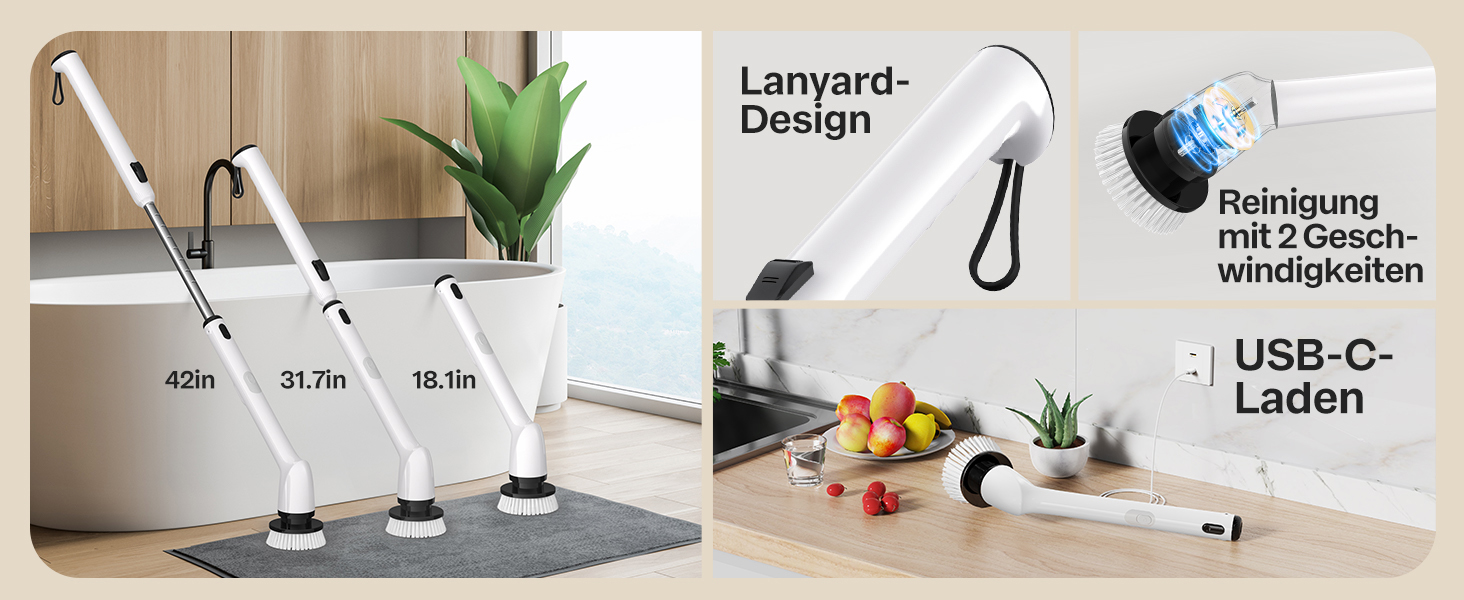 Електрична щітка для прибирання LyriFine, водонепроникна IPX7, з довгим руків'ям, 2 швидкості, з набором змінних насадок, для ванної кімнати, білий