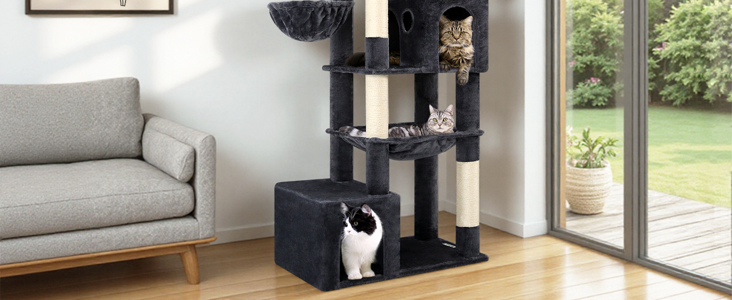 Драбина для котів Globlazer XXL 193 см з будиночком, гамаком, платформами та іграшками. Стабільна для 3-5 котів. Сірий колір.