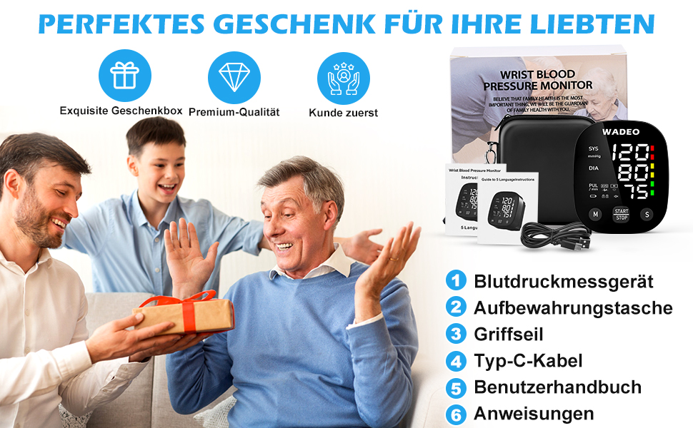 Цифровий тонометр WADEO на зап'ясті, мовлення 5 мовами, виявлення аритмії, портативний тонометр для дому та подорожей, 2 x 99 пам'ять, з батарейками та коробкою для зберігання, білий (чорний)