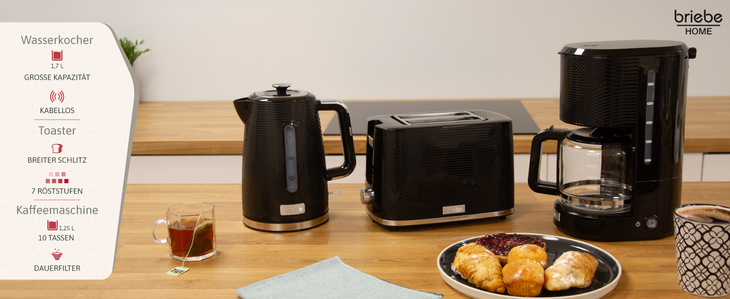 Набір Elegance Set: тостер на 2 тости, електричний чайник 1.7л, кавоварка на 10 чашок (1.25л), чорний