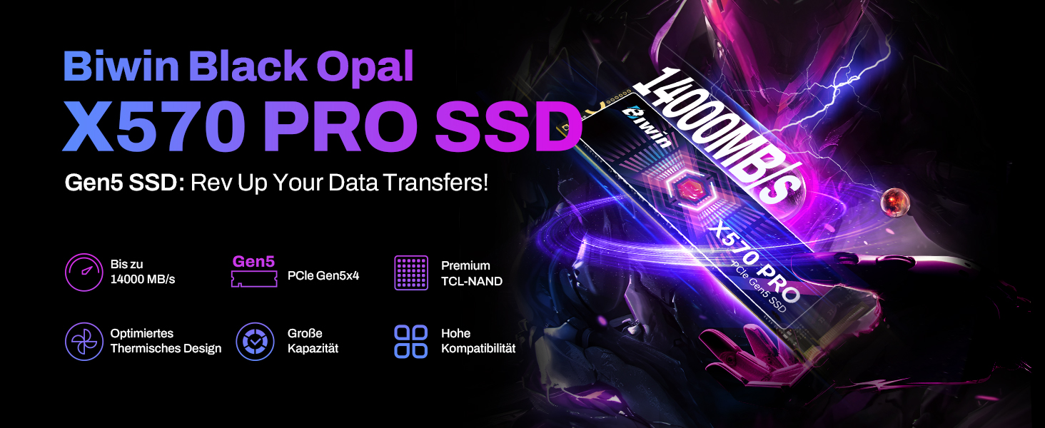 SSD BIWIN Black Opal X570 Gen5 Gaming 1TB - NVMe PCIe 5.0, M.2 2280, 14000 MB/s, 3D TLC NAND, для ноутбука та ПК