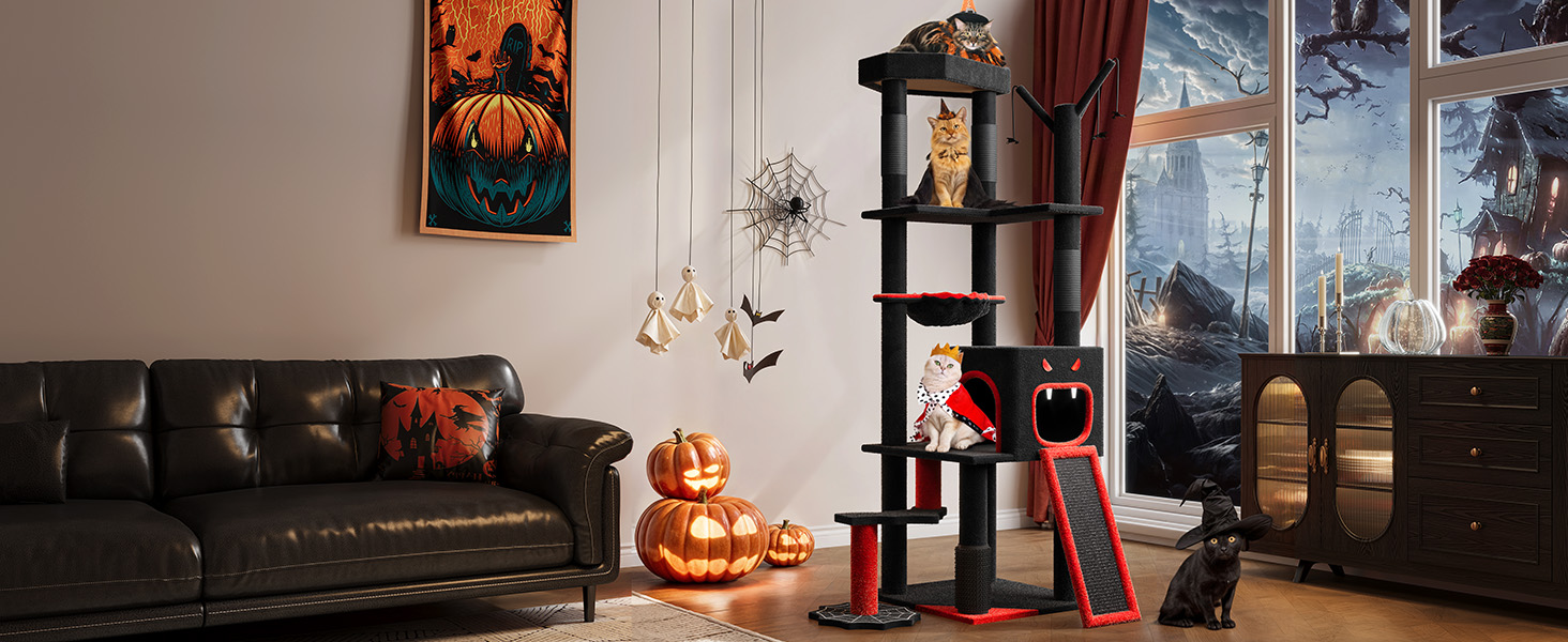 Кігтеточка YITAHOME Готичний XL, 160 см, з 4 колонами з сизалю, платформа для сну, гамак, кулі-іграшки, чорна