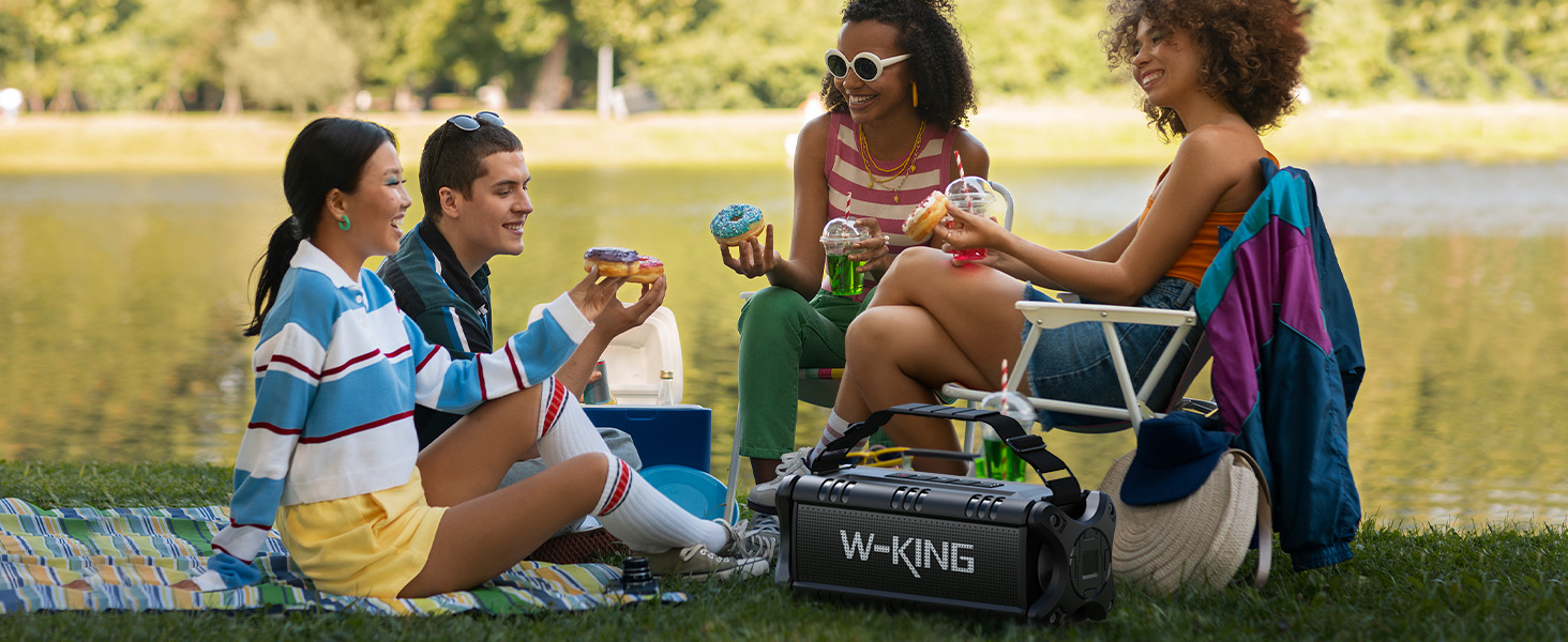 W-KING Портативна Bluetooth Колонка 90W з Глибоким Басом, DSP, 40 годин акумулятора та IPX6 Захистом від Води. Підтримка Powerbank, EQ, AUX та TF-карта. Чорний Колір. Ідеально для кемпінгу, пляжу та саду.