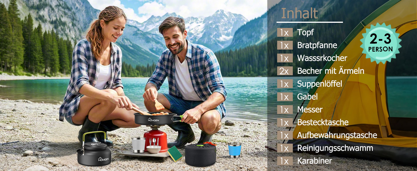 Набір кухонного посуду для кемпінгу Homgen: каструлі та сковорідки з алюмінію, легкий, для 2-3 осіб, з сумкою для зберігання, підходить для кемпінгу, пікніків, походів