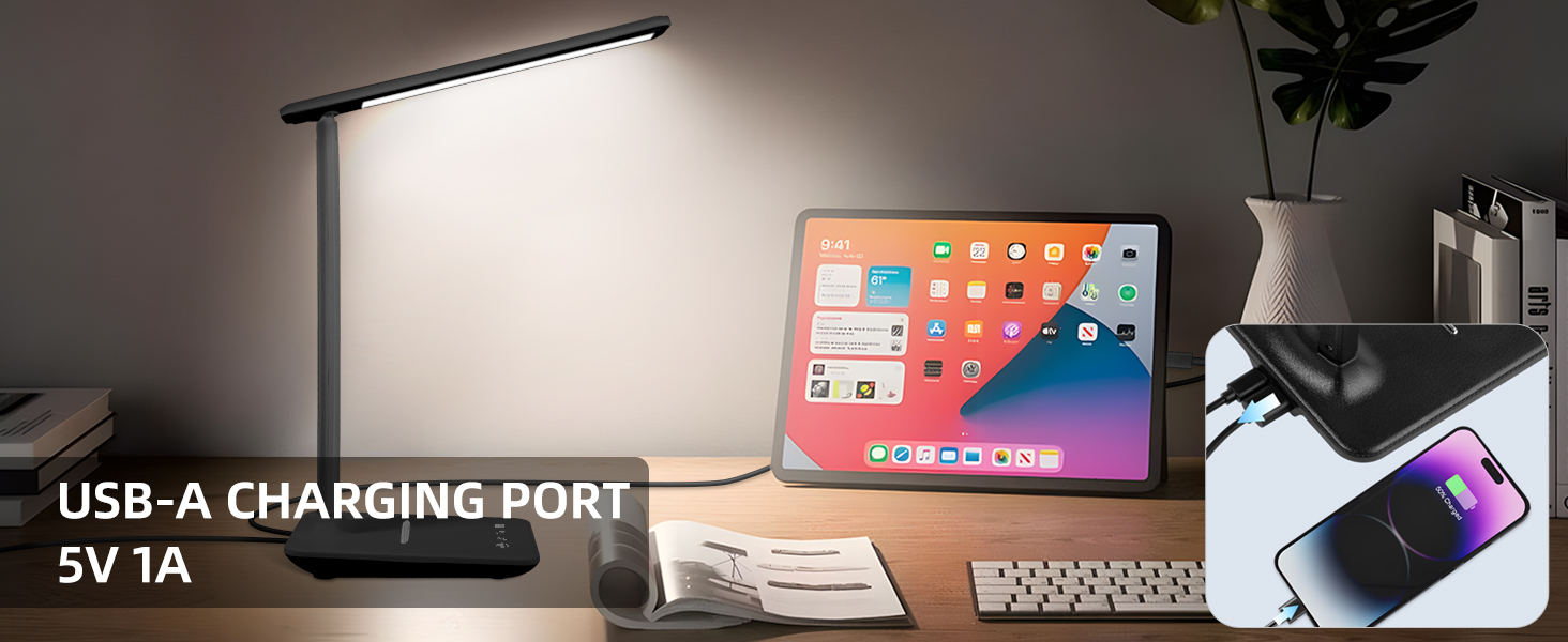 LED лампа настільна диммерна з USB, 5 кольорів та 5 рівнів яскравості, торчкова панель для читання, дитяча, для спальні, офісу, чорна