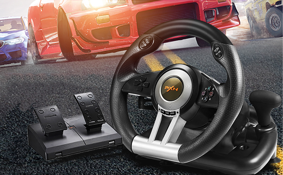 PXN V3II Руль для гонок з педалями, 180°, сумісний з PS3/PS4, Xbox One/Series, Nintendo Switch та PC, чорний