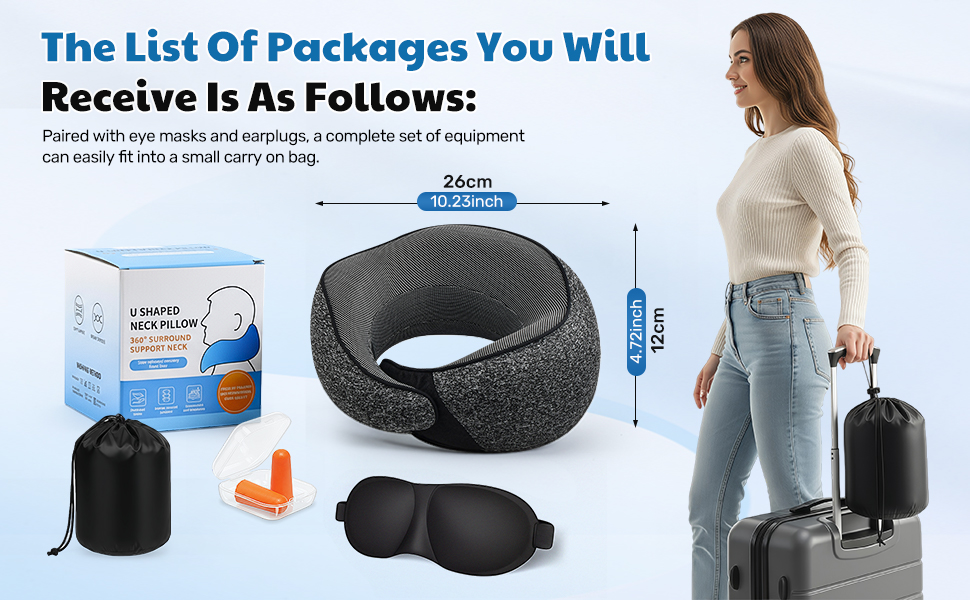 Подушка для шиї у літак, подушка для подорожей, з навушниками та маскою для очей, сіра