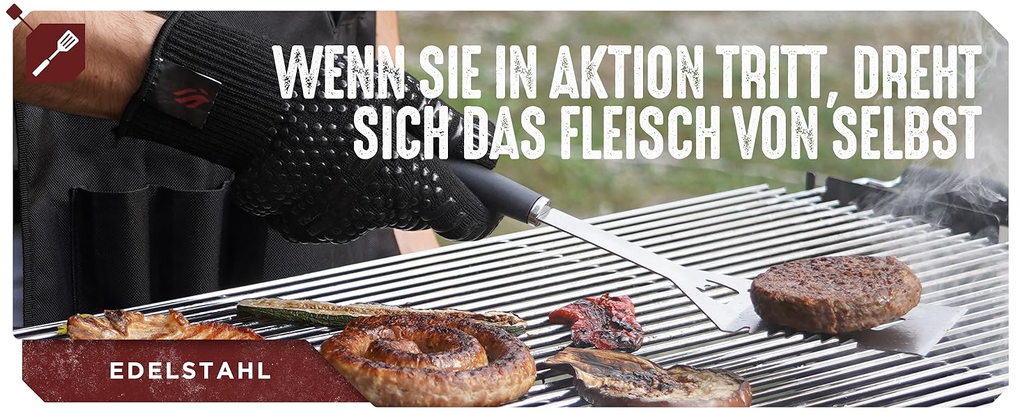 HORUS 23 Набір гриля з аксесуарами з нержавіючої сталі: щитківка, рукавиці для захисту від тепла, килимок для гриля - подарунок для чоловіків