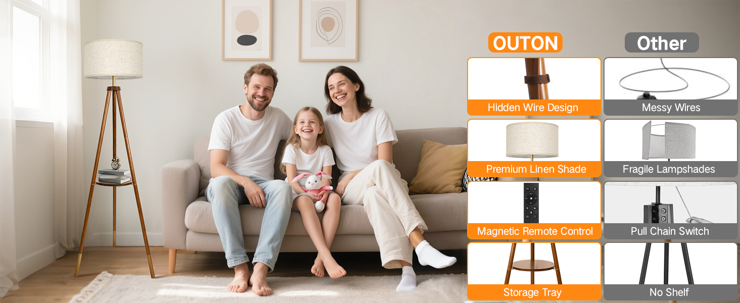 OUTON LED торшер з регулюванням яскравості, тринога, дерево з полицею, пульт дистанційного керування, 4 колірні температури, таймер на 1 годину, штатив, абажур кольору беж для вітальні, спальні, офісу (волоський горіх-золото)