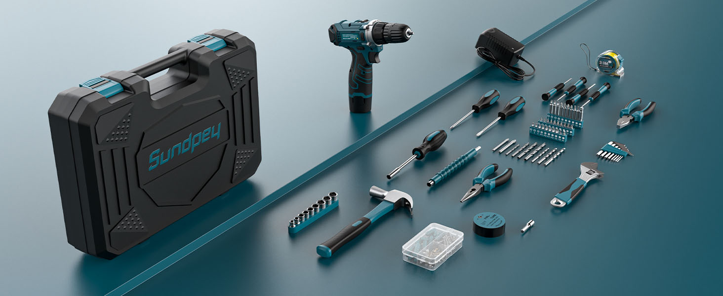 Набір інструментів Sundpey 206 шт. з акумуляторною дрилю, 12V, для ремонту та DIY, блакитний