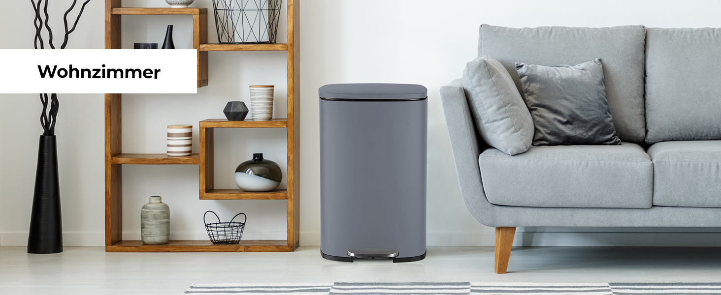 Відро для сміття LIFERUN 30л з кришкою, з м'яким закриттям, сталеве, з внутрішнім відром, для кухні, ванної кімнати, офісу (L-50L, сірий)