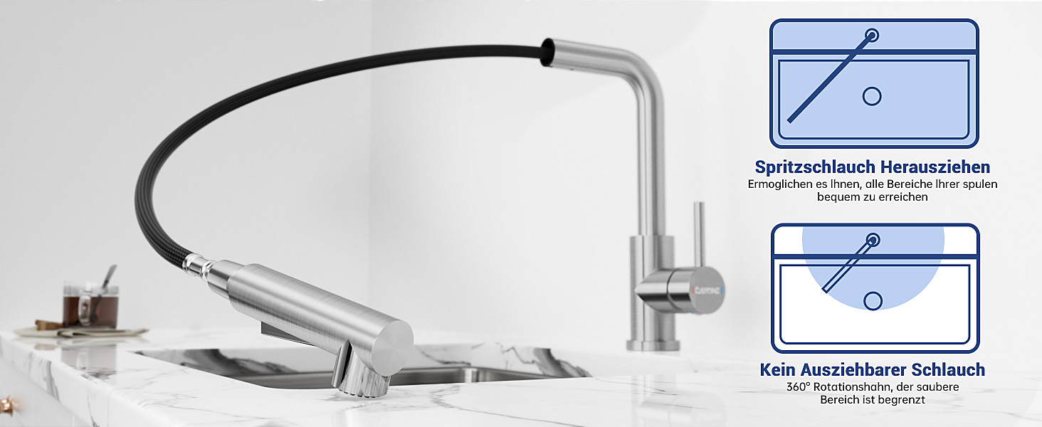 Кухонний змішувач DAYONE з висувною лійкою, нержавіюча сталь, 3 режими, 360° обертання, для кухонних мийок (15 см), матовий.