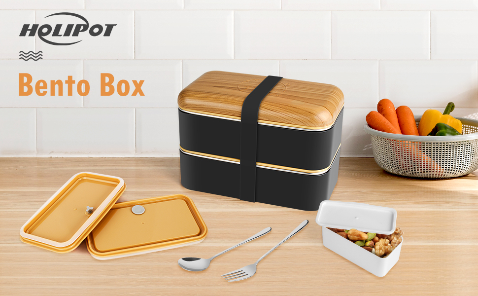 HOLIPOT Ланчбокс Bento Box з роздільниками, 2 рівні, з нержавіючої сталі та PP, з набором столових приборів та сумкою, для дітей та дорослих (Чорний)