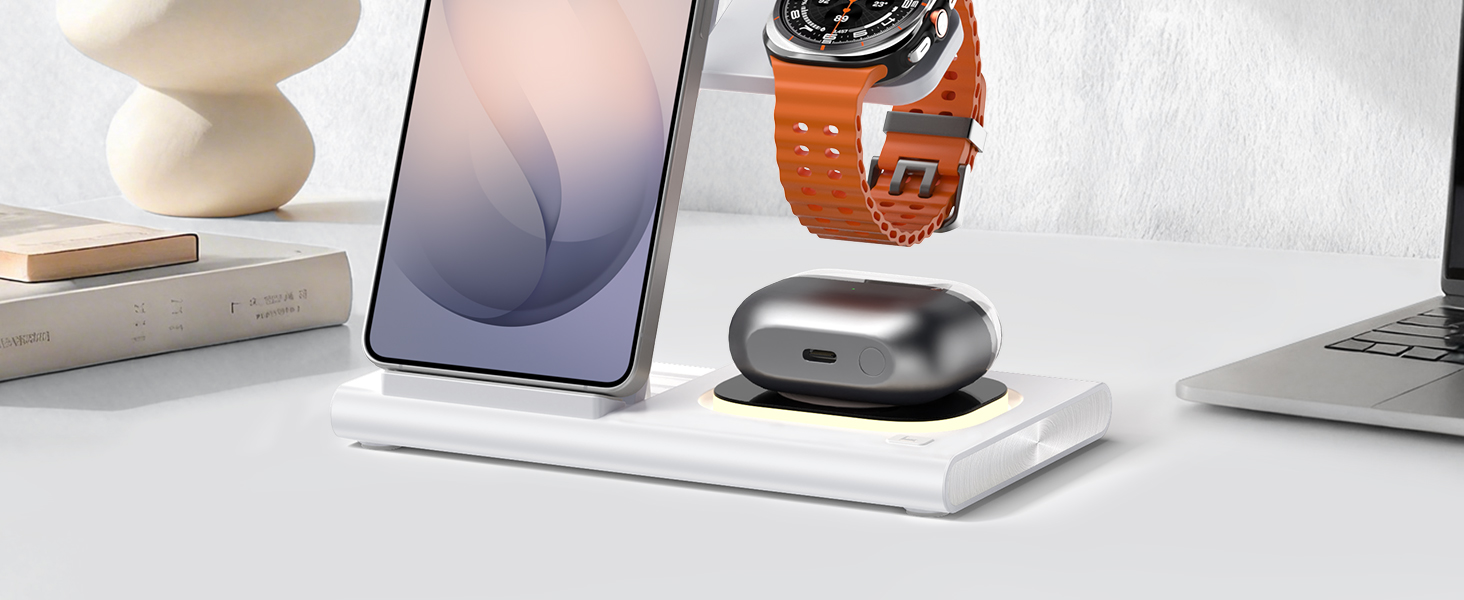 Бездротова зарядка 3-в-1 Samsung: для Galaxy S26/S25/S24/S23, Z Flip/Fold, Galaxy Watch Ultra/8/7/6/5/4, Buds (Біла)