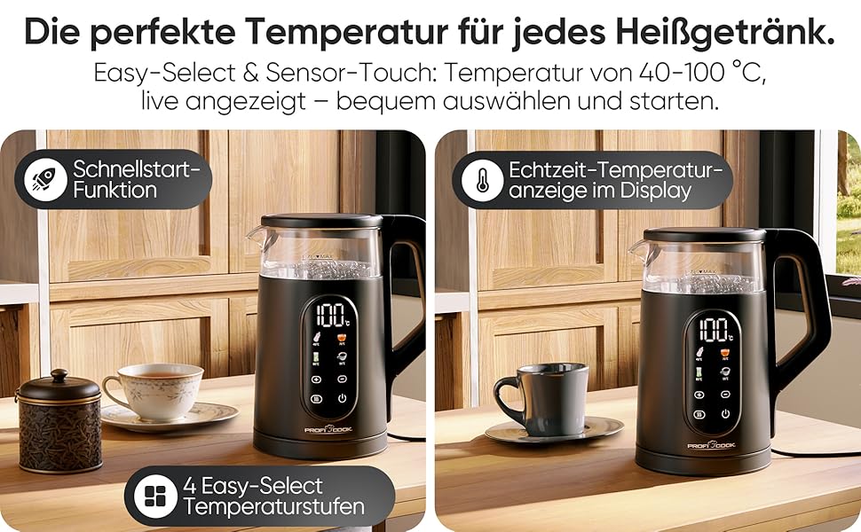 Скляний електрочайник ProfiCook PC WK 1328 G з регулюванням температури 40-100°C, 1.7л, 2200Вт, функція підігріву та швидкого старту
