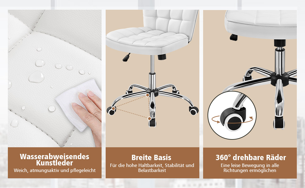 Крісло для дому та офісу Yaheetech, обертове, регульоване по висоті, без підлокітників, на колесах, з штучної шкіри (білий)