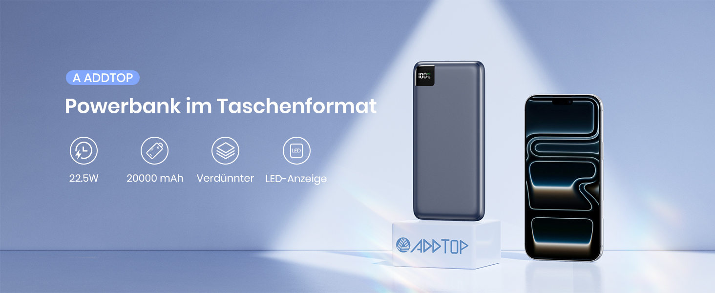 Power Bank A ADDTOP 20000mAh 22.5W USB-C: Зовнішній акумулятор для телефону, портативний зарядний пристрій з 4 портами (Синій)