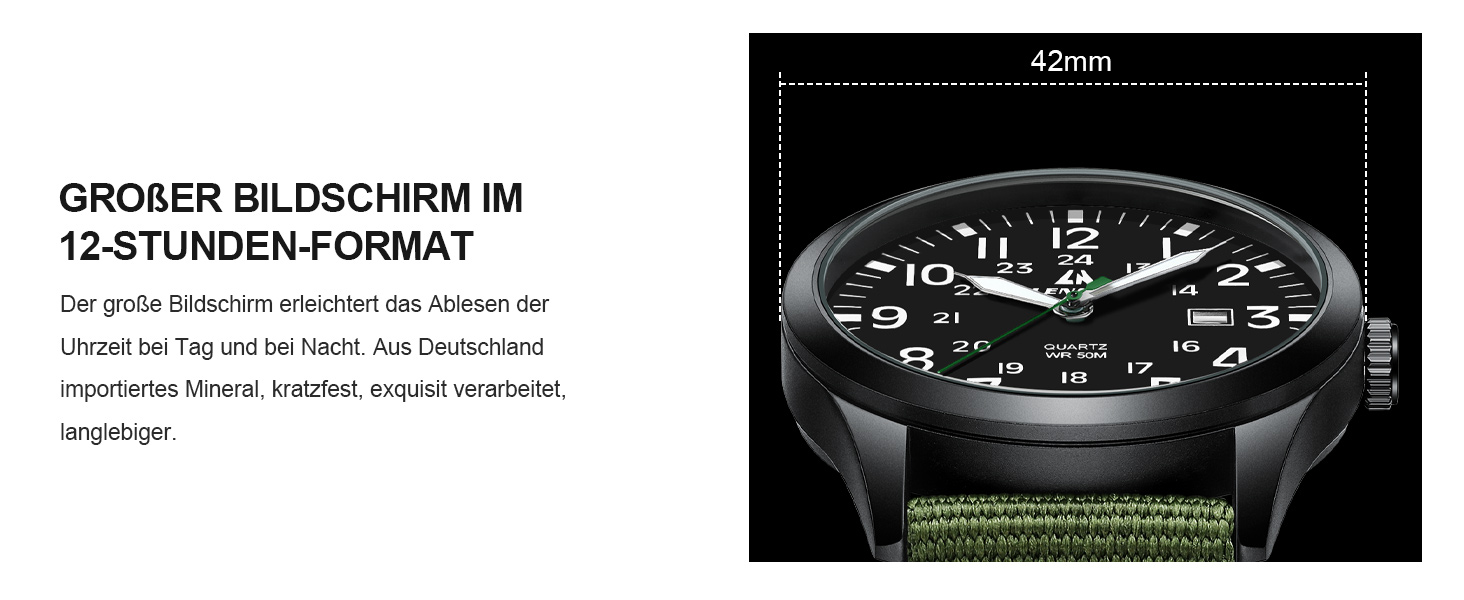 Годинник чоловічий LN LENQIN аналоговий кварцовий на текстильному ремінці, водостійкий 30M, з датою (зелений, чорний)