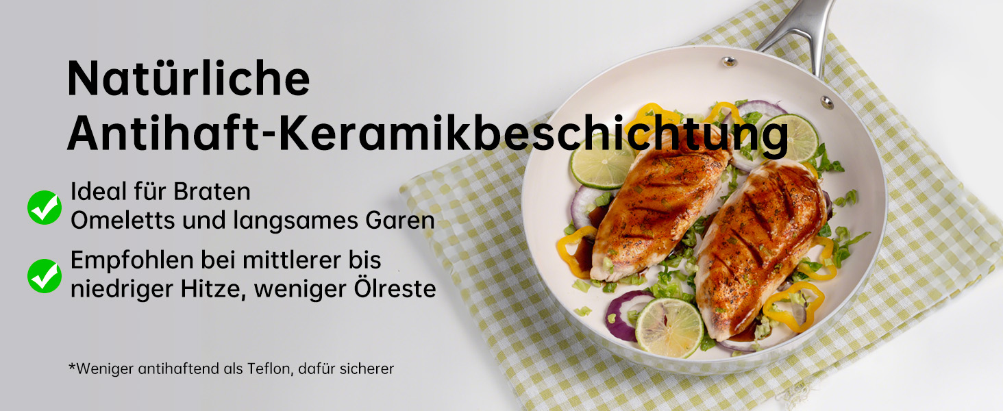 Набір сковорідок з керамічним антипригарним покриттям Tjean (без PTFE, PFOA, PFAS) з нержавіючою ручкою, підходить для індукційних, газових, електричних плит та духовки до 280°C (кремовий, 20+24+28 см)