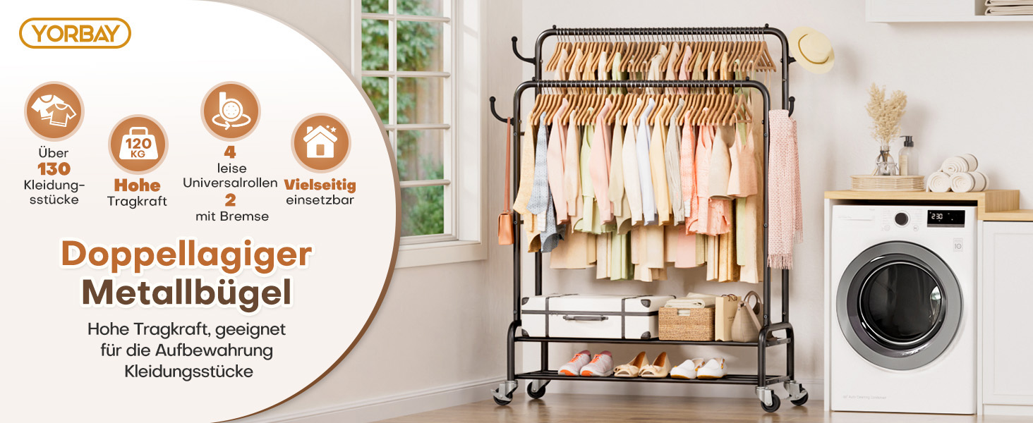 Стійка для одягу Yorbay на колесах: металева, 2 перекладини, 4 гачки, 2 полиці для зберігання, до 120 кг, 112 см (ширина)