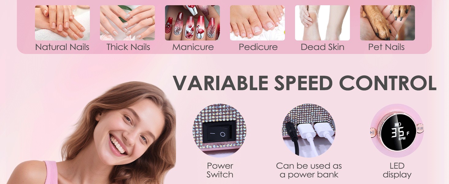 Професійна електрична машинка для манікюру та педикюру 45000 RPM, рожева, з алмазним фрезером, для салонного та домашнього використання