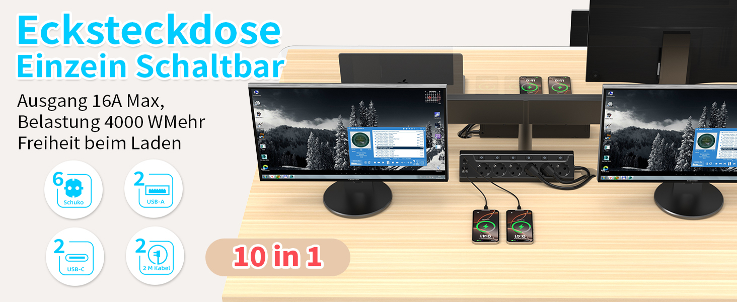 Мережевий фільтр з USB-C, 6 розеток, кабель 2м (4000W, 16A), розподільний блок для кухні/офісу, чорний