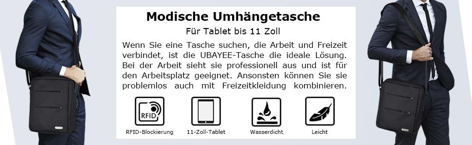 Чоловіча сумка через плече UBAYEE з відділенням для планшета 11'' (iPad), водонепроникна, з RFID захистом, легка, чорна, 27 см