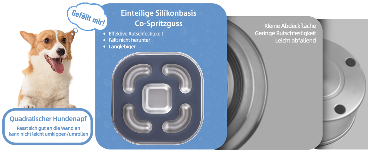Миска для собак Anti Schling Napf з нержавіючої сталі 304, з силіконовим дном, для маленьких та середніх собак, 23*23*4.5 см