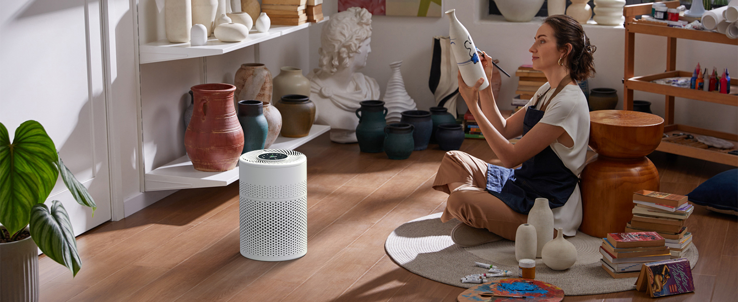 Розумний очищувач повітря WiFi з керуванням через додаток та голосовими помічниками Alexa/Google - 360° повітряний потік, фільтр HEPA H13 (99,97%), нічний режим 20 dB, CADR 90 м³/год, кольорове підсвічування для спальні (KJ1-6)
