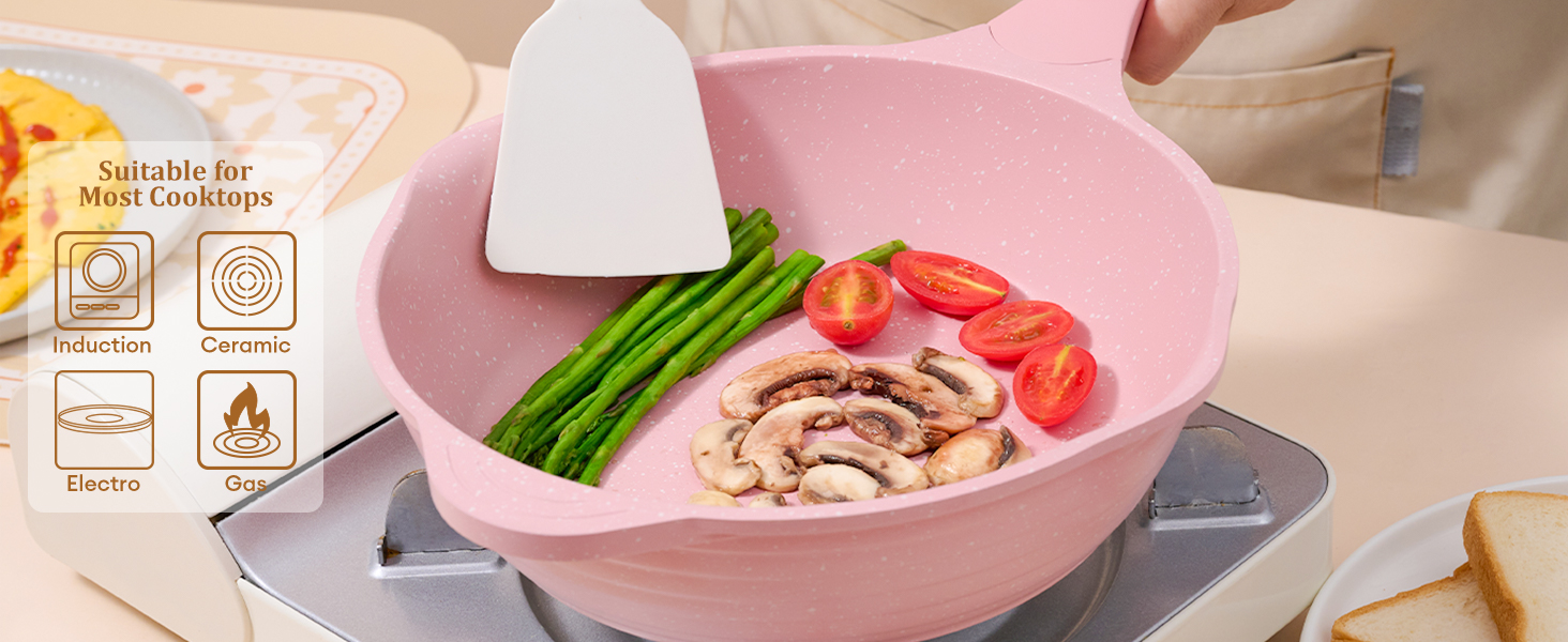 Набір посуду JEETEE 23 шт. з антипригарним гранітним покриттям, для всіх плит (індукція), з кришками, рожевий (ідеально як подарунок на новосілля)