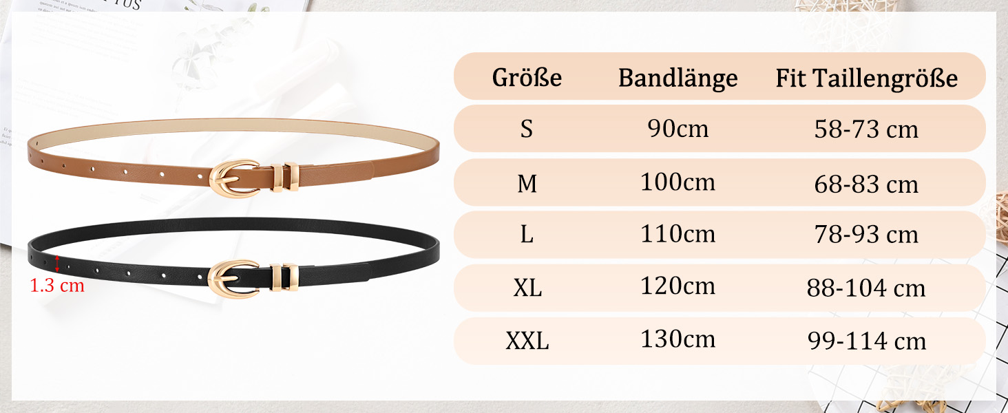Жіночі шкіряні ремені WERFORU (2 шт.) - тонкі ремені для джинсів, штанів, суконь. Розмір 99-114 см. Золотисті та сріблясті пряжки. Чорний + коричневий кольори