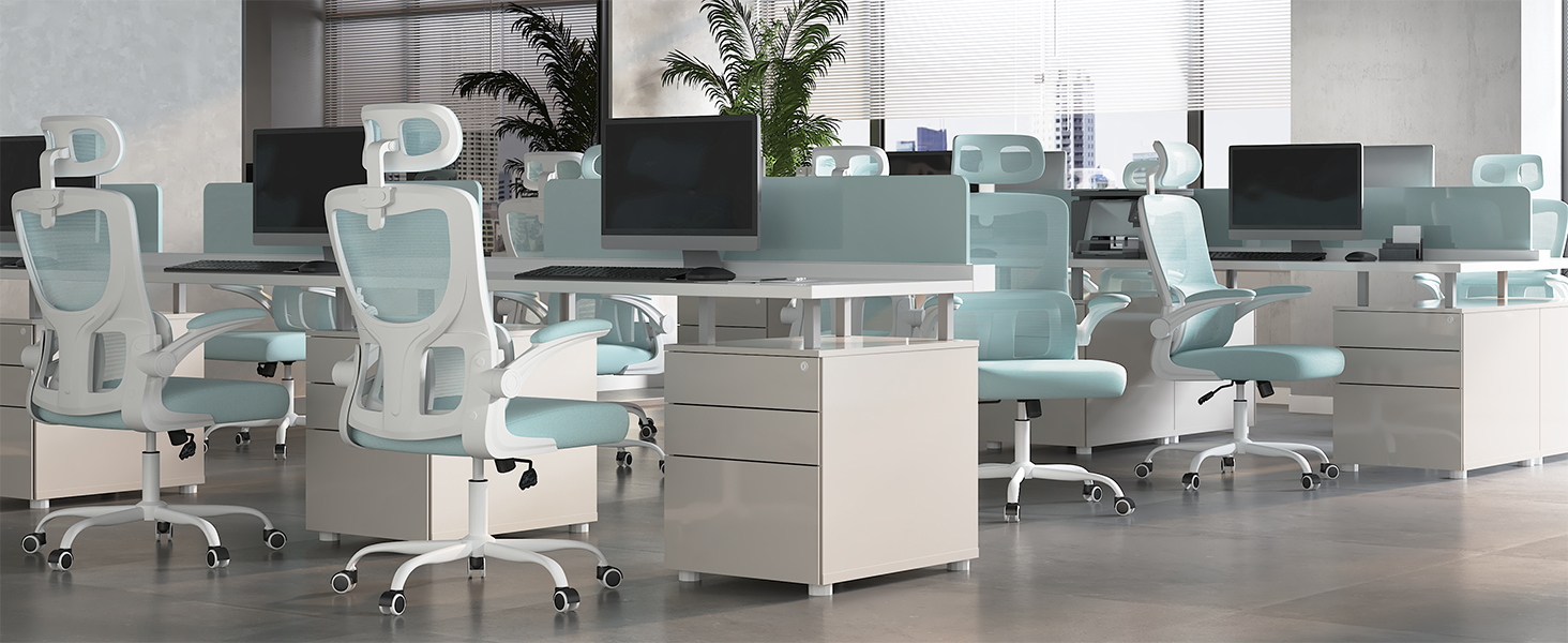 Крісло офісне WOLTU ергономічне, крісло для робочого столу з функцією гойдання, регульована підголовник, поворотні підлокітники, підтримка попереку, офісне крісло, витримує 150 кг (Блакитний)