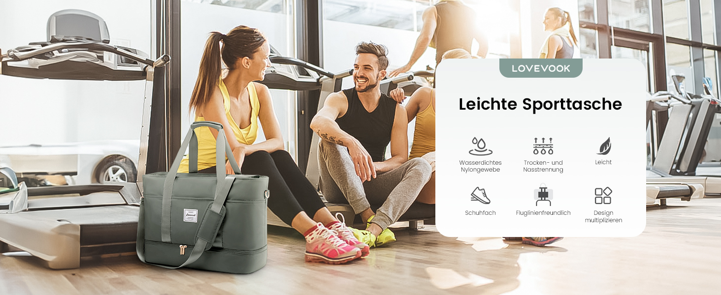 Сумка-валіза LOVEVOOK для жінок, водонепроникна, 42L, зелено-бежева. Ідеальна для подорожей, спортзалу, пологів та Ryanair. Має відділення для взуття та клінічна сумка.