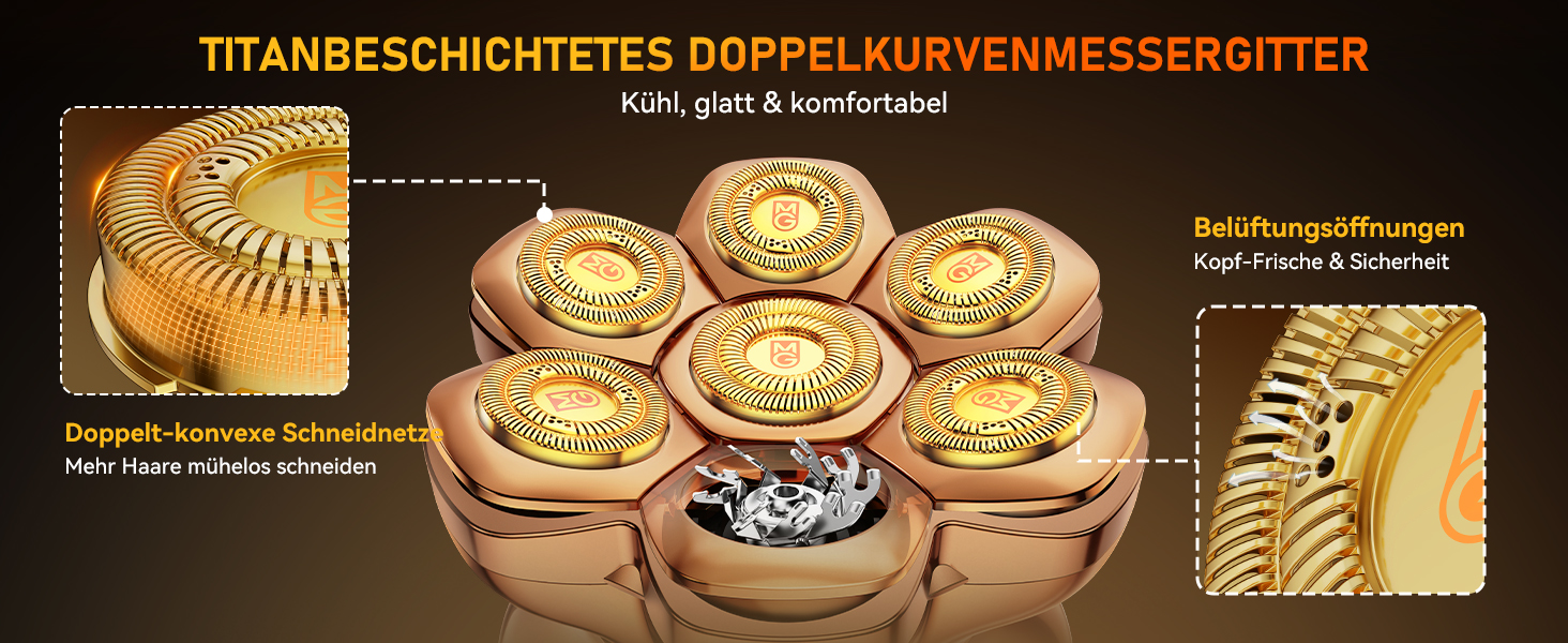 Професійний електричний стайлер для гоління голови 7D PRO Glatzen Rasierer для чоловіків. Водонепроникний (IPX6), з плаваючою головкою, акумулятор 1400mAh, швидкість 8800RPM, золота головка, USB-C, 0 мм