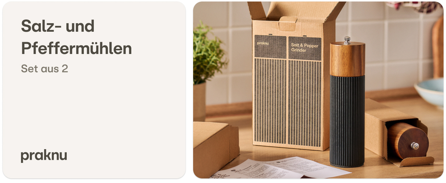 Набір для солі та перцю Praknu з акації FSC® з керамічним жорном – безступеневе регулювання та довговічність – для перцю та солі – дерев'яна млинка для спецій – набір млинок для солі та перцю – чорний – великий