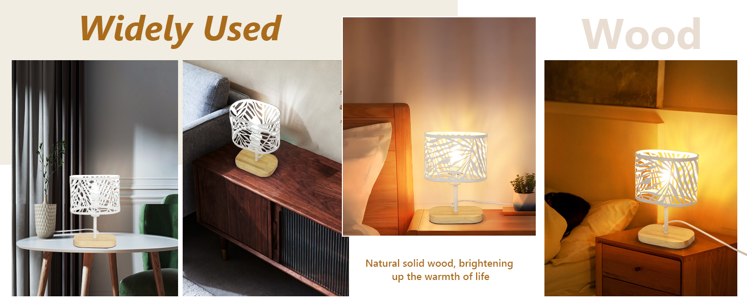 Настільна лампа з дерева, вінтажна модель E14, настільна лампа з дерев'яним цоколем та металевим абажуром, для дитячої кімнати, вітальні, спальні, бару (біла)