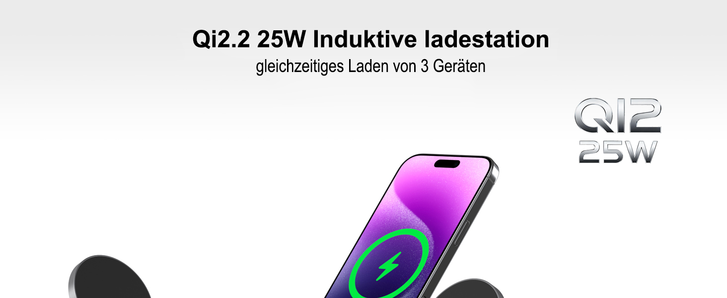 Бездротова зарядна станція 3-в-1 з Qi2.2 25W для Apple Watch та iPhone (MagSafe) + адаптер 35W, чорна