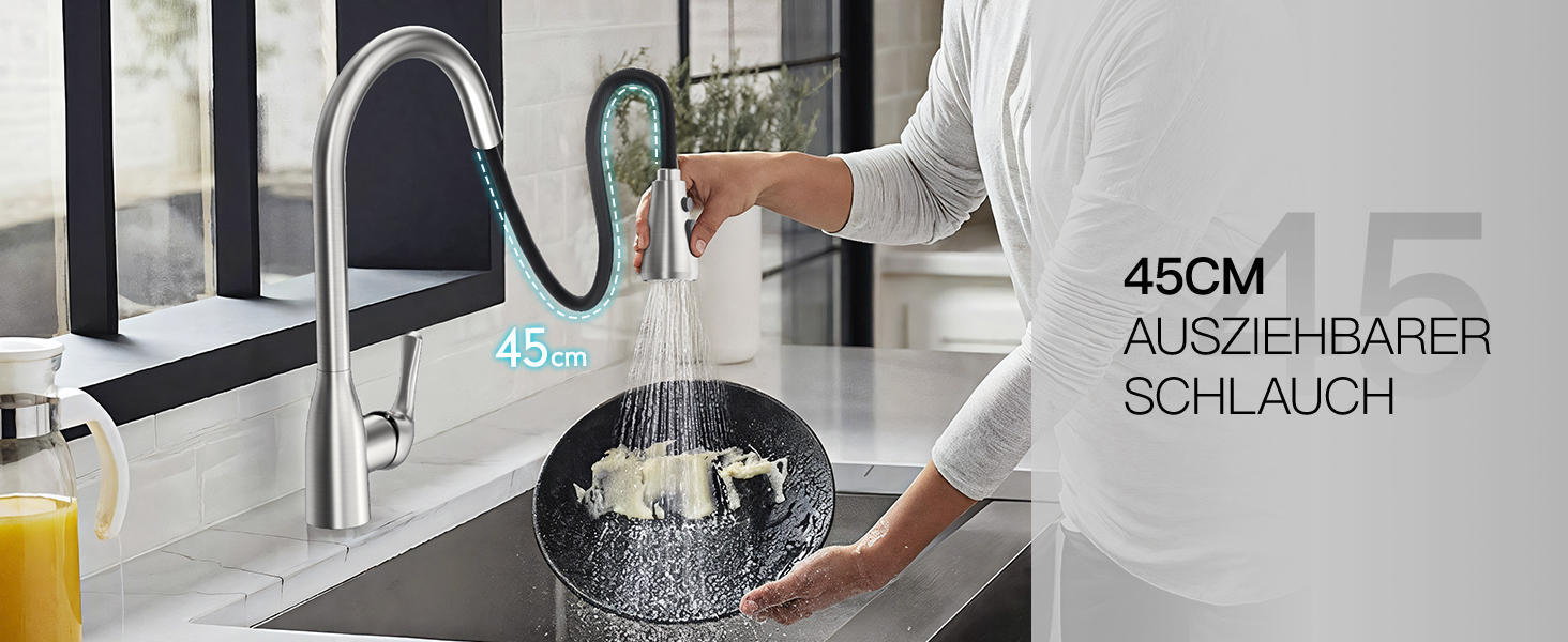 Кухонний змішувач Rainsworth з висувною лійкою та душем, високопродуктивний, з двома типами струменя, поворотний на 360°, з нержавіючої сталі, проста установка, висота 56 см