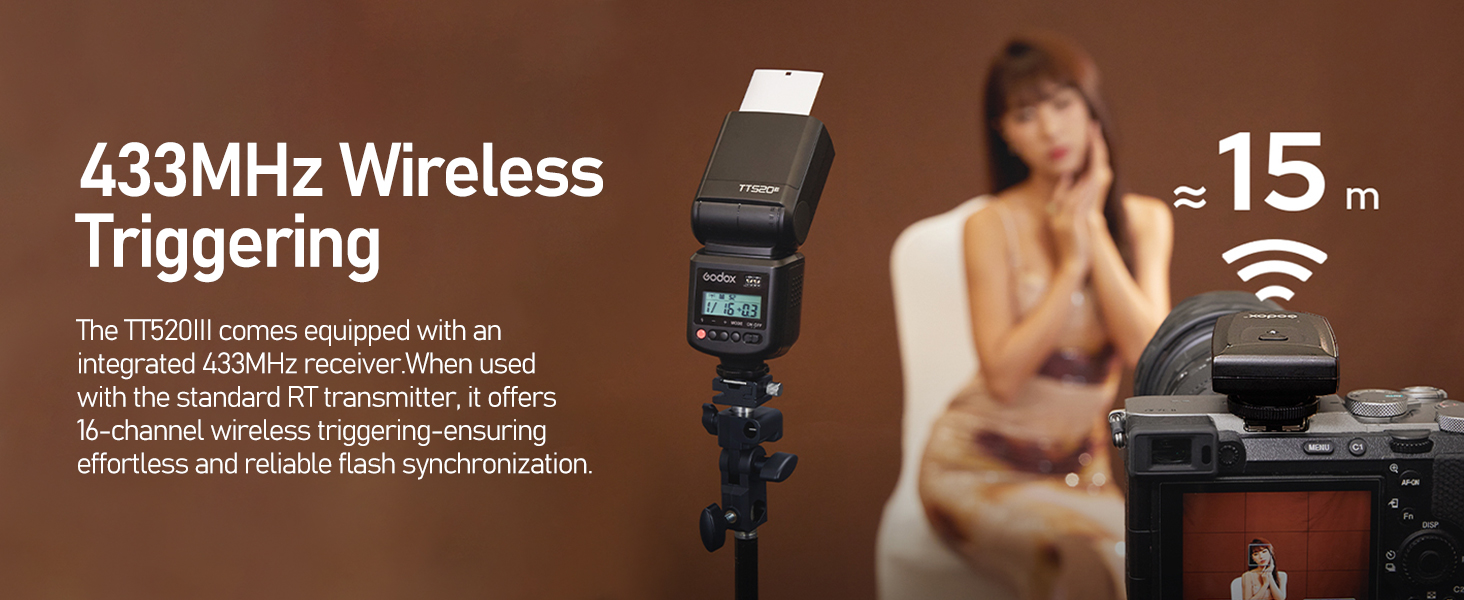 Спалах для камери Godox TT520 III з бездротовим передавачем, GN33, 433MHz, S1/S2 режими, 8 рівнів потужності, сумісний з Canon, Nikon, Pentax, Olympus, Fujifilm, Panasonic