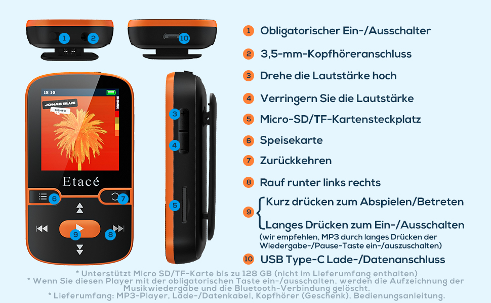 MP3 плеєр Bluetooth 5.3 Orange: Спорт, 16GB, Радіо, E-Book, Крокомір, Запис голосу, MicroSD до 128GB