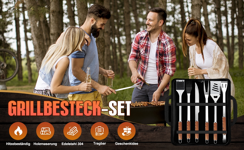 Набір гриль-посуду, 6 предметів, нержавіюча сталь, з сумкою. Професійний набір для гриля, барбекю, кемпінгу