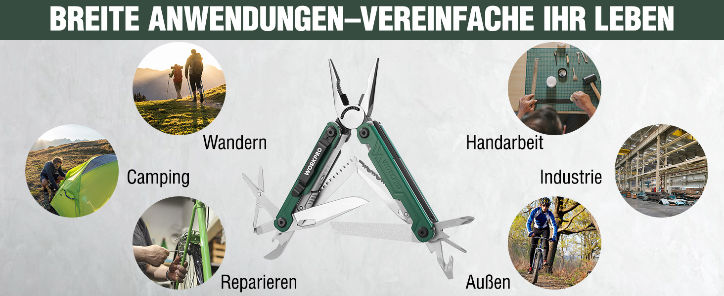 Мультитул WORKPRO 18 в 1: мультиінструмент з нержавіючої сталі з ножем, відкривачкою, ножицями, кліпсою для ременя. Ідеально для кемпінгу, ремонту, подарунок. У комплекті сумка.