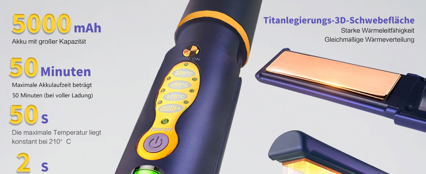 Бездротове праска для волосся з акумулятором 5000mAh, титанова поверхня, 2-в-1 (випрямляч та локони), міні, для подорожей, 3 температурні режими, швидкий нагрів, для всіх типів волосся (білий, блакитний)