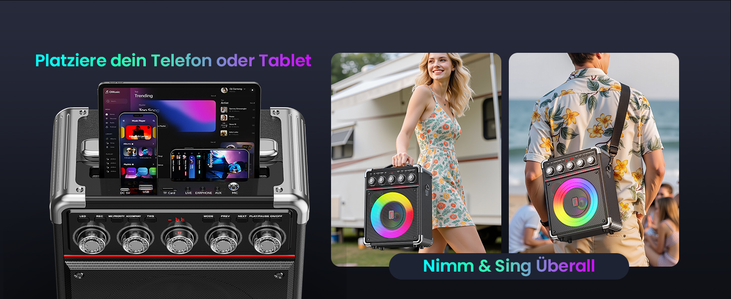 Караоке машина JYX з 2 бездротовими мікрофонами, портативна караоке система з підсвіткою RGB для дорослих та дітей - портативна Bluetooth караоке-бокс з мікрофоном та PA-динаміком, чорний Tx05