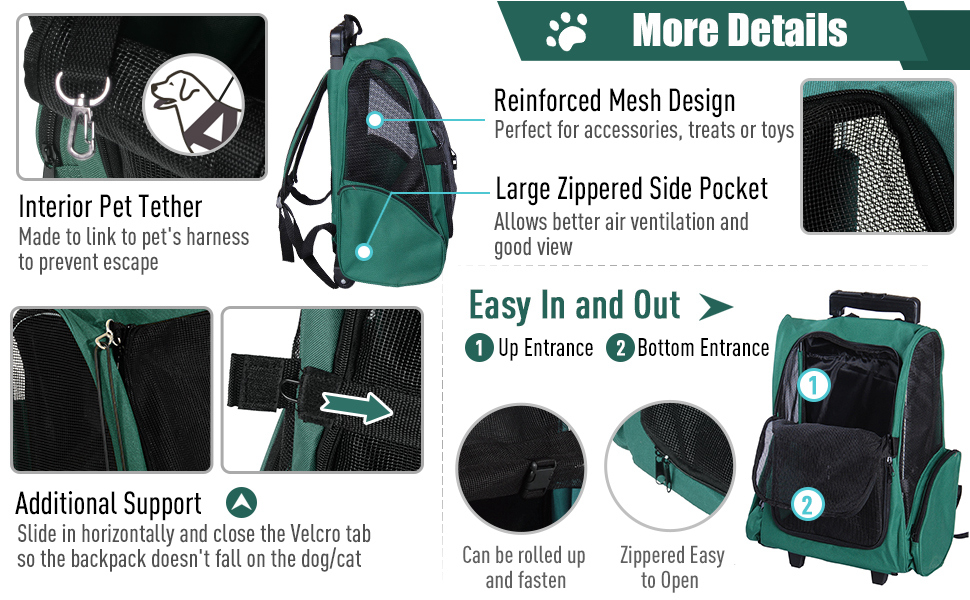 PawHut Рюкзак-переноска для собак та котів 2-в-1 з кишенями, телескопічною ручкою та колесами, 42 x 25 x 55 см, Зелений
