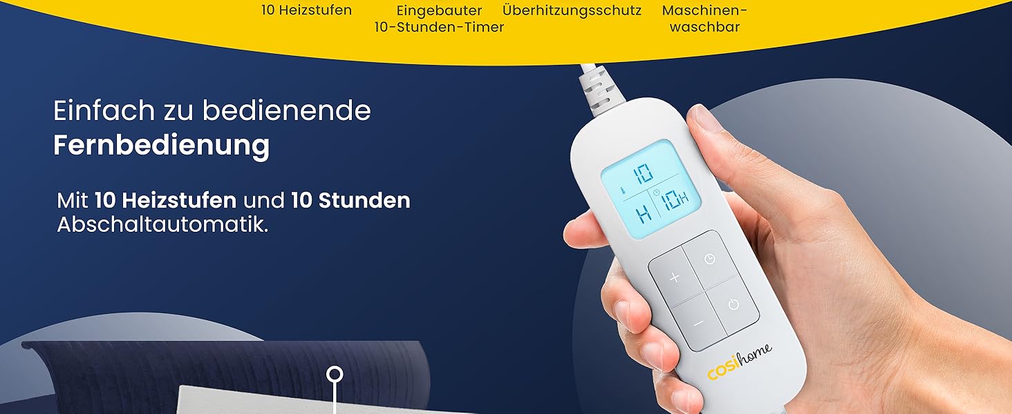 Електрична ковдра Cosi Home 180x130 см з регулюванням температури, захистом від перегріву та функцією автовимкнення. Зручна та тепла, з Sherpa та Fleece покриттям. 10 рівнів нагріву, цифрова пульт керування, сірий колір. Також доступна модель 150x200 см з покриттям Fleece & Sherpa (Marineblau)