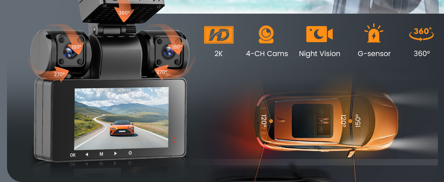 Автомобільний відеореєстратор 360° 4K/FHD 1080P (4 канали: передній, задній, лівий, правий) з ІК-нічним баченням, G-сенсором, моніторингом паркування 24г та карткою пам'яті 64 ГБ, екран 3 дюйми